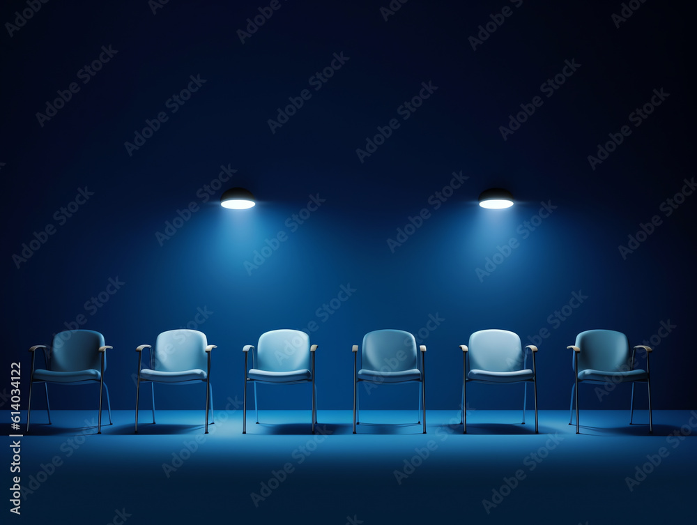 Poster generative ai empty blue cinema with white screen and seats. side view