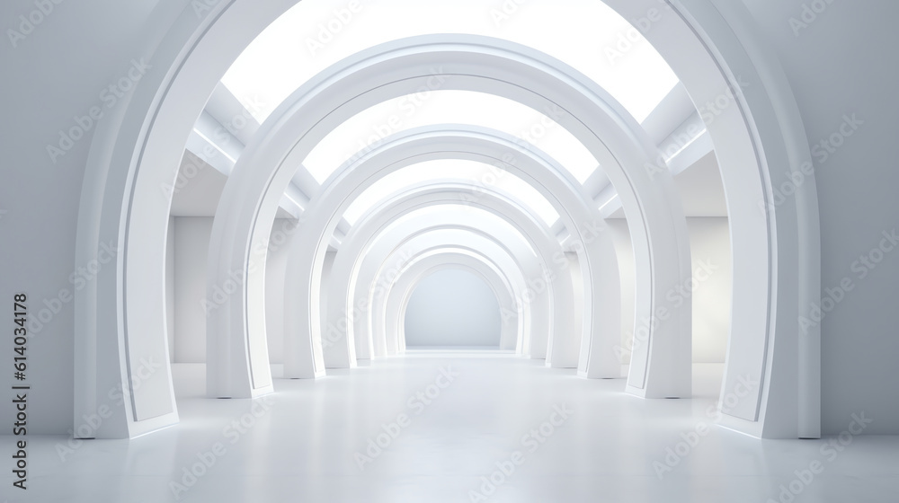 Poster Generative AI View of empty white room with arch design and concrete floor,Museum space, Chapel entrance, Perspective of minimal architecture. 3D render.