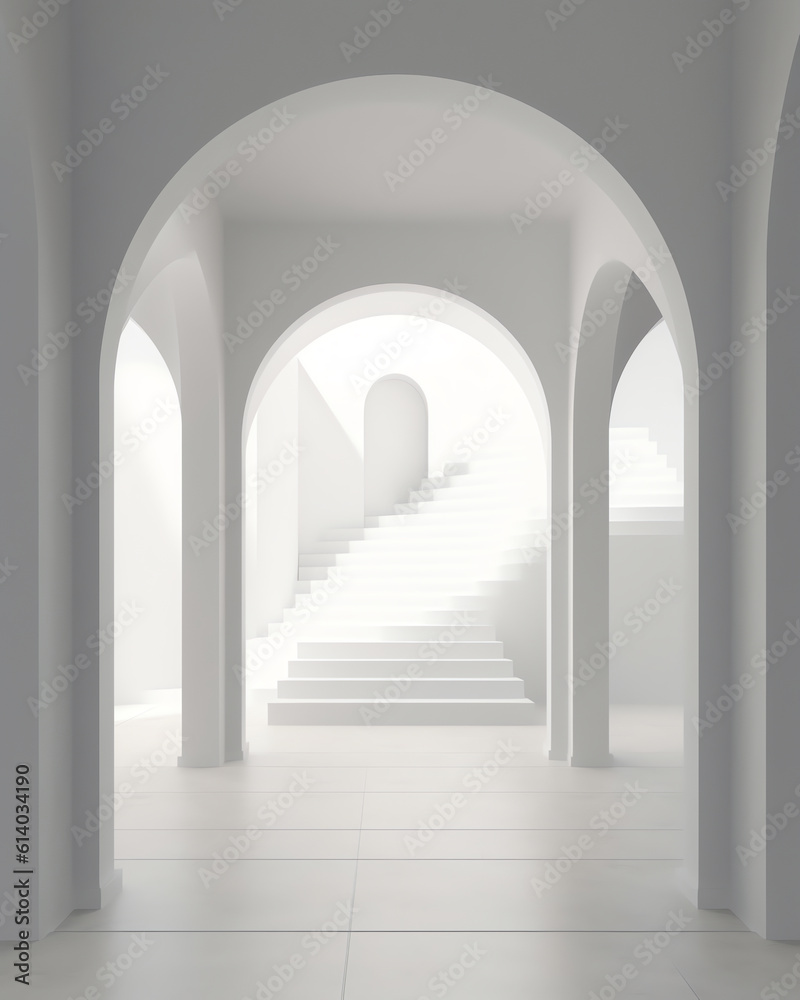 Poster Generative AI View of empty white room with arch design and concrete floor,Museum space, Chapel entrance, Perspective of minimal architecture. 3D render.