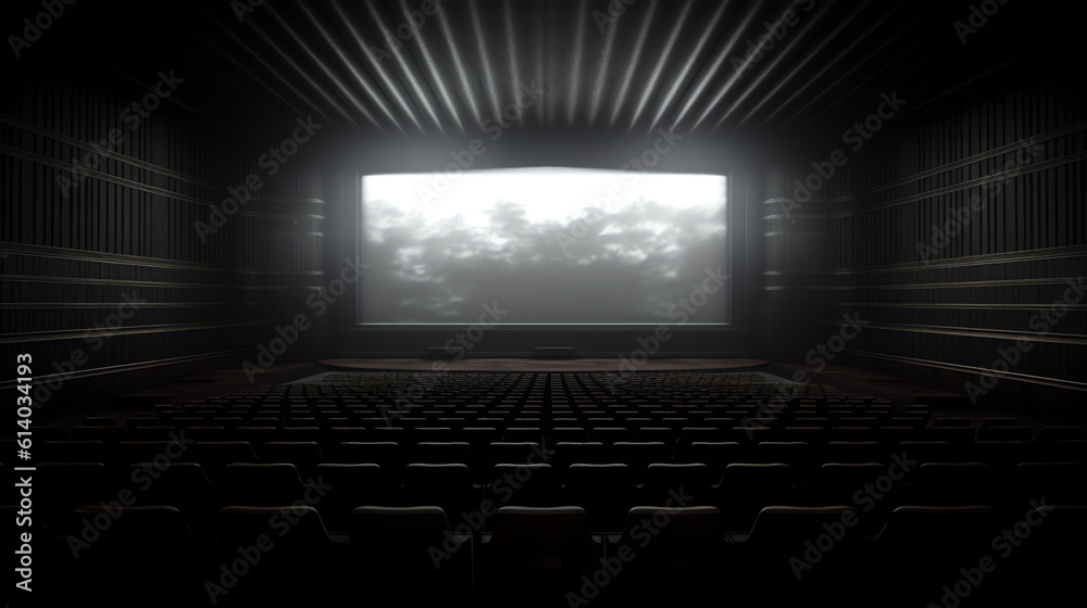 Aufkleber Generative AI Front view of cinema with blank screen. Toned image. Mock up, Ad concept, 3D Rendering