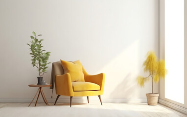 Generative AI Modern yellow chair in white room interior parquet wood floor.