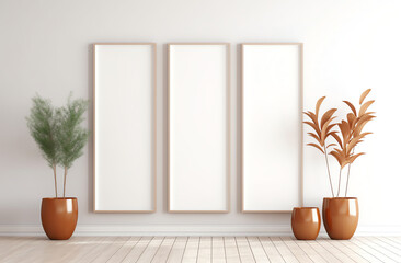 Fototapeta na wymiar Generative AI White classic wall background, brown parquet floor, home furniture detail, frame and vase of plant.