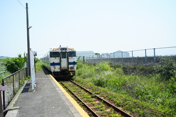 Naklejka premium Ibusuki Makurazaki Line Train at JR Nishi Oyama Station, the Southernmost JR Station, in Kagoshima, Japan - 日本 鹿児島 JR 指宿枕崎線 西大山駅 キハ47