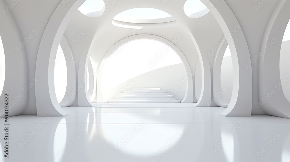 Poster generative ai view of empty white room with arch design and concrete floor,museum space, chapel entr