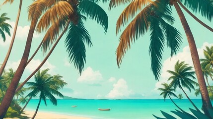 Fototapeta na wymiar A Serene Illustration of a Beach Nestled Between Two Majestic Coconut Trees