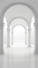 Fototapeta premium Generative AI View of empty white room with arch design and golden cross,Museum space, Chapel entrance,church, Perspective of minimal architecture. 3D render.
