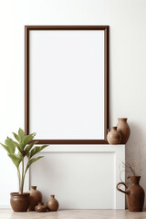 Generative AI White classic wall background, brown parquet floor, home furniture detail, frame and vase of plant.