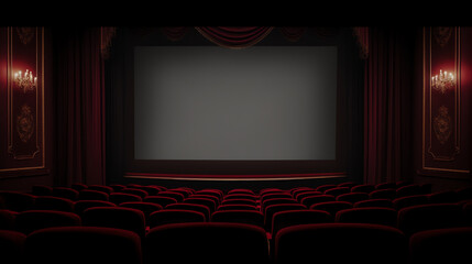 Generative AI Movie theater, cinema hall with white screen, red curtains and rows of seats. Realistic interior of dark cinema auditorium with light blank screen and chair backs. Premiere of film. 3D I