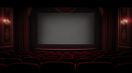 Fototapeta premium Generative AI Movie theater, cinema hall with white screen, red curtains and rows of seats. Realistic interior of dark cinema auditorium with light blank screen and chair backs. Premiere of film. 3D I