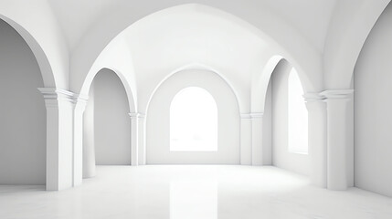 Generative AI View of empty white room with arch design and golden cross,Museum space, Chapel entrance,church, Perspective of minimal architecture. 3D render.
