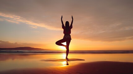 Fototapeta premium Young woman on beach achieves serene balance practicing yoga at sunrise, visualized by Generative AI.