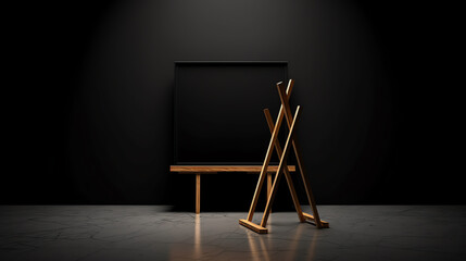 Generative AI Blank black paper poster mockup, stand at gallery wall, isolated, 3d rendering. Empty placard with frame in museum mock up, front view. Clear photo art cadre in darkness template
