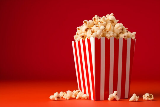 Generative AI Loose popcorn in striped box, two tickets to the cinema and 3D glasses on a wooden background