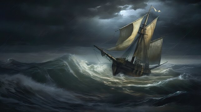 A small sailboat navigating tumultuous waves in a stormy sea under a gray, cloudy sky. Generative AI