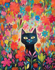 The cat is sitting in a garden of colorful flowers.Illustration for international cat day.