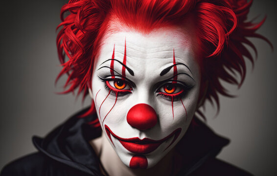 Portrait of a women clown with red hair on a black background. Generative AI.
