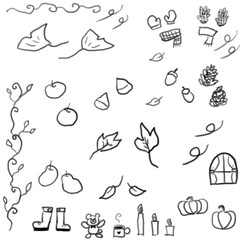 秋のイラスト素材、落ち葉、栗、どんぐり、松ぼっくり、カボチャ、手袋、マフラー、イチョウ、テディベア、マグカップセット