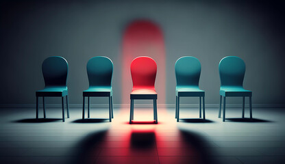 Job interview. A row of green chairs is lined up with a red chair in the middle. Generated AI