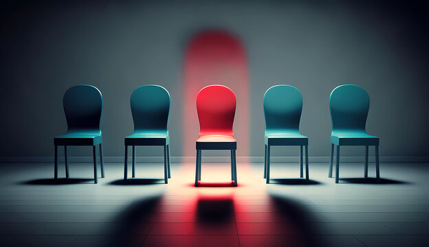 Job interview. A row of green chairs is lined up with a red chair in the middle. Generated AI