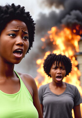The face of a screaming African-American woman against the background of a burning house. Generative AI