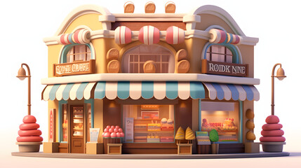 3D Bakery shop building facade with Baking store, cafe, bread, pastry and dessert shop front view Market or supermarket
