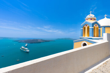 Greece Islands, scenic panoramic sea views of Santorini island from top outlook of Fira village.