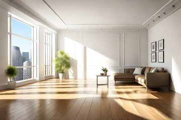 Obraz na płótnie Canvas Empty room interior with arch entrance. Modern 3d living room, office or gallery with wooden floor, shadows and sun light from window on wall, realistic illustration. Modern living room.