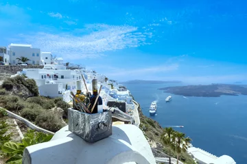 Poster Greece Islands, scenic panoramic sea views of Santorini island from top outlook of Fira village. © eskystudio