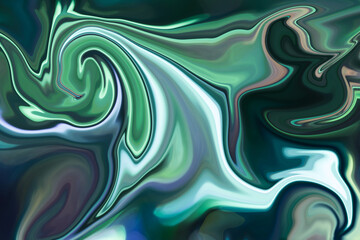 Abstract fluid art background bright cyan and green colors. Liquid marble. Ink backdrop with wavy pattern.