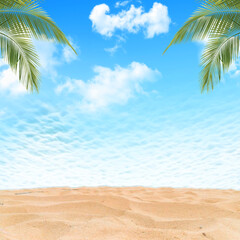 Empty wooden table and palm leafs with party on beach background blurred. Concept Summer, Beach, Sea, Relax, Party.