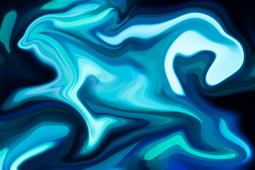 Abstract fluid art background bright blue and bladk colors. Liquid marble. Ink backdrop with wavy pattern.