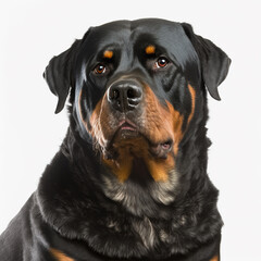 Adorable rottweiler dog portrait looking at camera isolated on white background as concept of domestic pet in ravishing hyper realistic detail by Generative AI.