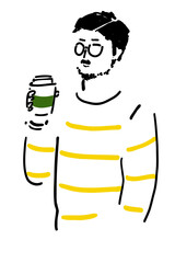 休憩中にドリンクを飲むメガネの男性/Man with glasses drinking a drink during a break