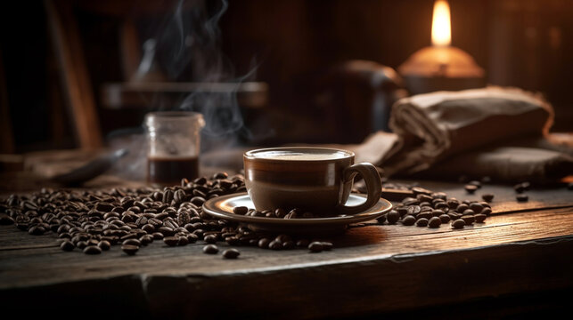 Hot Coffee cup and coffee beans roasting on the wooden table and the coffee shop background