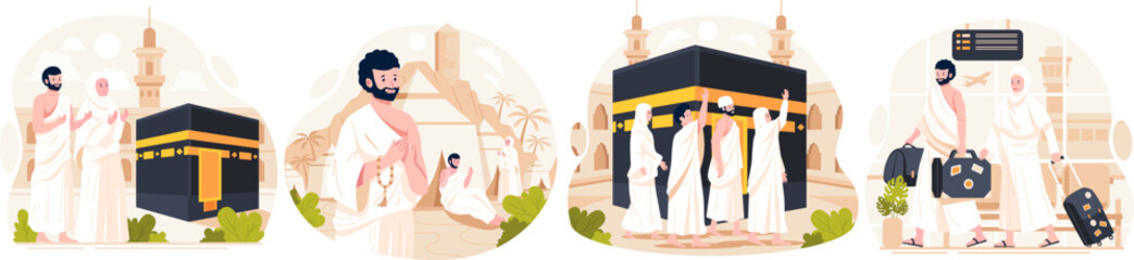 Illustration Set of Islamic Hajj Pilgrimage. Muslim People performs Islamic Hajj Pilgrimage. Man and Woman Hajj characters wear ihram clothes with a Kaaba background. Vector illustration