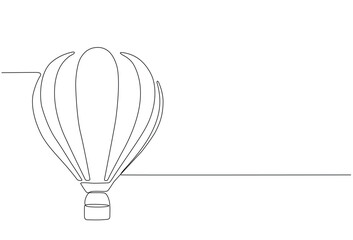 Continuous line drawing of hot air balloon in sky with clouds. hot air balloon icon in single line doodle style.One line design, hot air balloon in the sky with clouds background