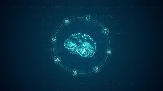 Motion graphic of Blue digital brain logo and circle futuristic HUD with Ai chatbot and machine learning technology with artificial intelligence and robot icon concepts on abstract background
