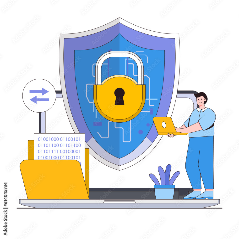 Poster data encryption vector illustration concept with characters. secure data transfer, encryption techno