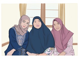 Muslim girl family hand drawn illustration. Beautiful woman dressed beautifully with hijab. Beautiful Muslim woman wearing hijab.
