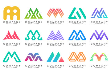Set of letter M logo design vector. Collection of modern M letter design in colorful.