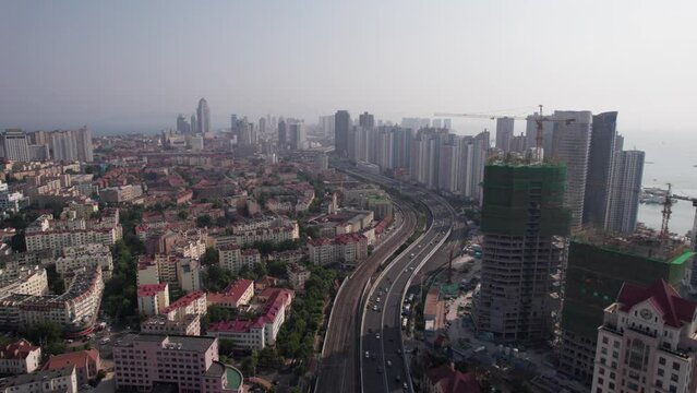Aerial photography of urban road traffic in Qingdao