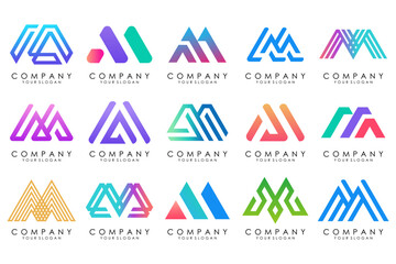 Set of letter M logo design vector. Collection of modern M letter design in colorful.