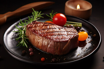 Close-up shot of steak on black plate decorated with rosemary and tomato, with candlelight in the background.by Generative AI.