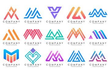 Set of letter M logo design vector. Collection of modern M letter design in colorful.