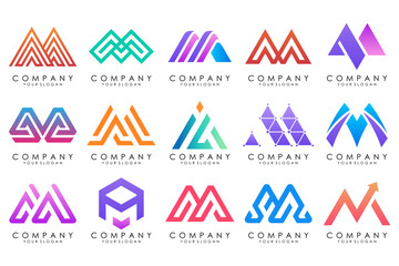 Set of letter M logo design vector. Collection of modern M letter design in colorful.