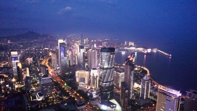 Aerial photography of Qingdao city building skyline night view