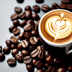Top view of hot aromatic americano in cup placed on wooden table with scattered coffee beans.Created with generative ai technology.