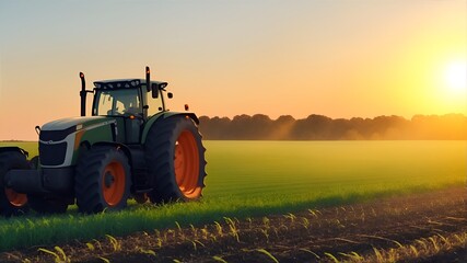 Fototapeta premium tractor driving across a large field for harvesting crop in countryside. Agricultural vehicle working at sunset, golden hour. Farming, agriculture, agricultural background. Generative AI