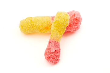 Freeze Dried Bicolored Candy Sour Worms on a White Background