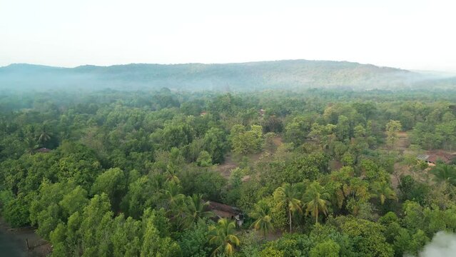 greenery village bird eye view drone moving front malvan